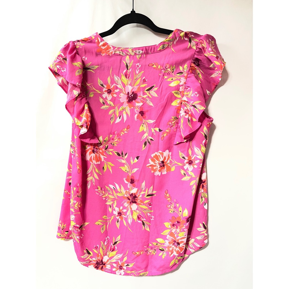 DR2 by Daniel Rainn Hot Pink Floral‎ Flutter Sleeve V-Neck Blouse Top Small - Picture 2 of 3